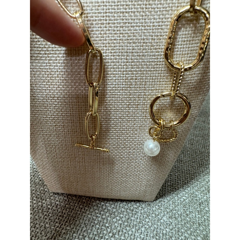Gold Paperclip Chain Necklace Faux Pearl Toggle Statement Layering Chic Resort - Picture 7 of 9